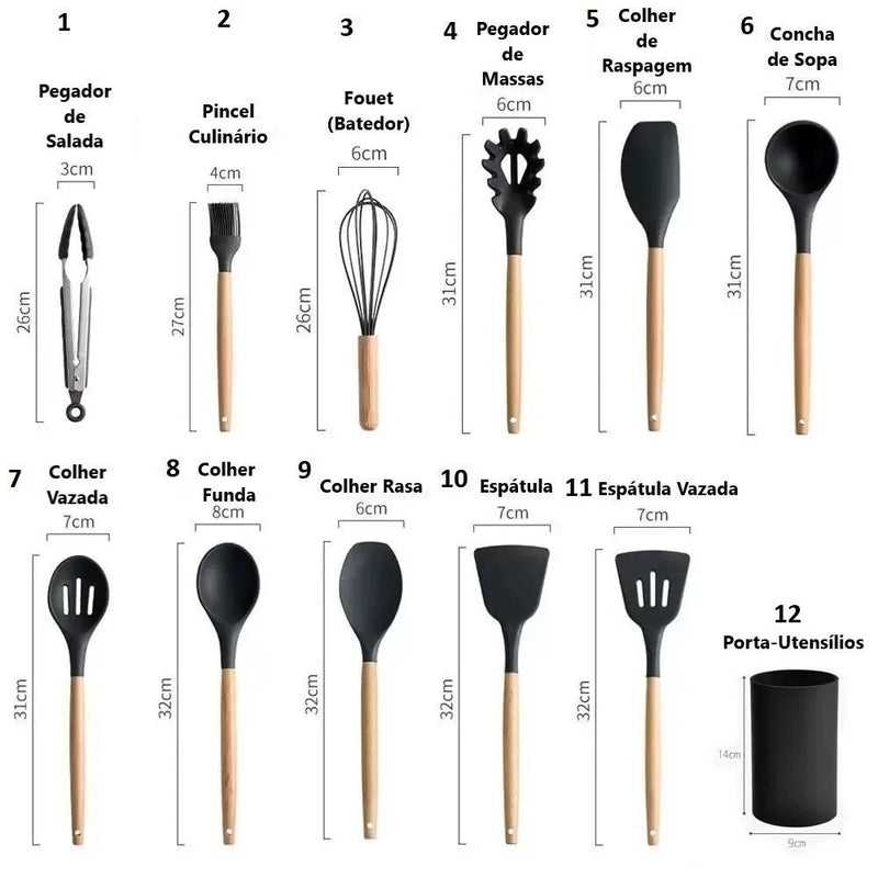 Kit 12 Utensílios de Cozinha - 11 Peças + 1 Copo de Suporte